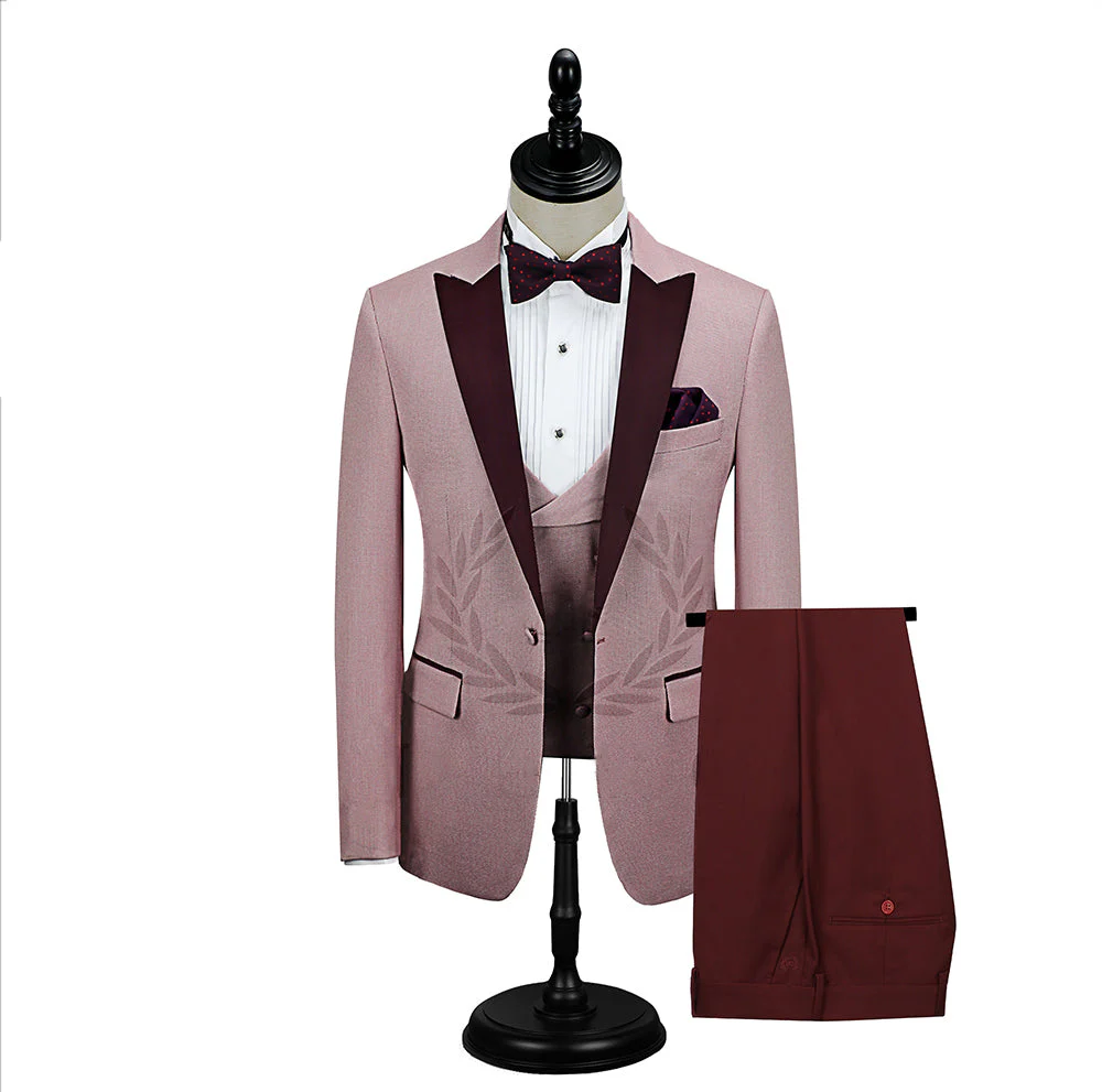 Burgundy Peak Lapel Men Marriage Suits Pricey Pink One Button Wedding Tuxedos - Image 2