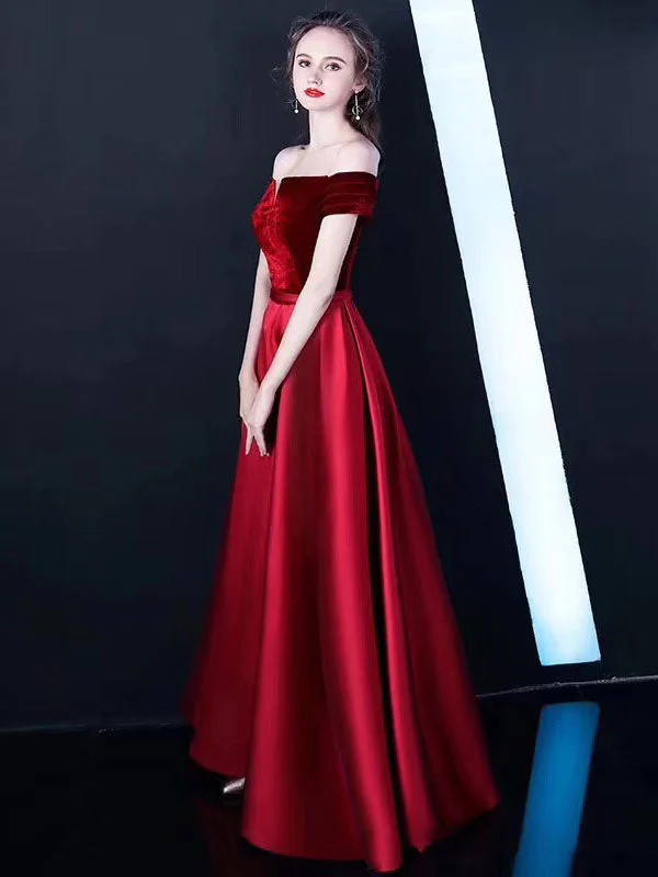 Stunning Burgundy Evening Dresses Off The Shoulder Velvet Satin Formal Dress Notched Neck Floor Length Evening Gowns - Image 2