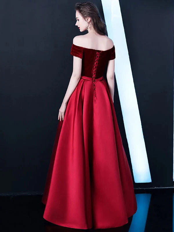 Stunning Burgundy Evening Dresses Off The Shoulder Velvet Satin Formal Dress Notched Neck Floor Length Evening Gowns - Image 3
