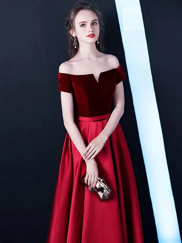 Stunning Burgundy Evening Dresses Off The Shoulder Velvet Satin Formal Dress Notched Neck Floor Length Evening Gowns - Image 4