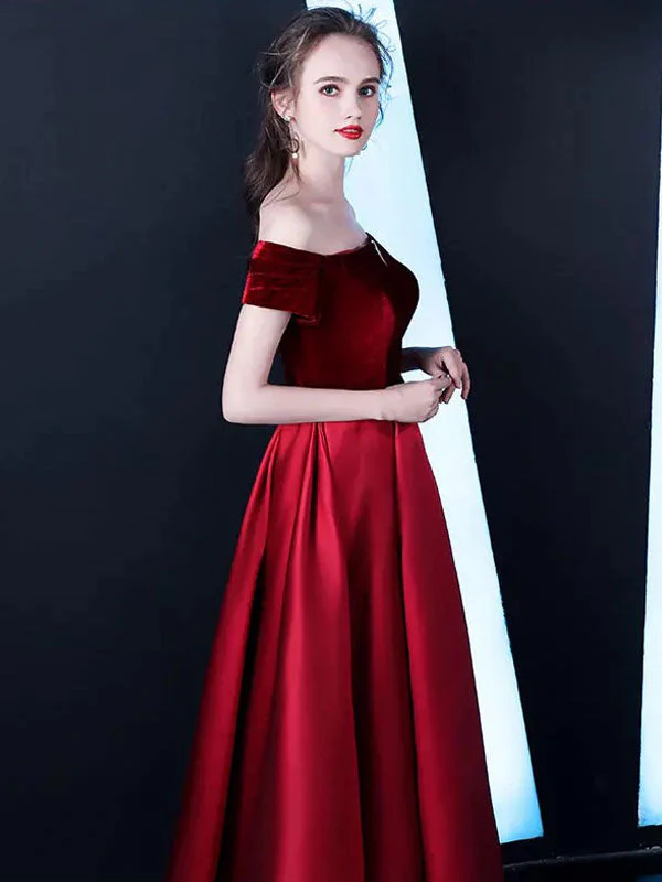 Stunning Burgundy Evening Dresses Off The Shoulder Velvet Satin Formal Dress Notched Neck Floor Length Evening Gowns - Image 5