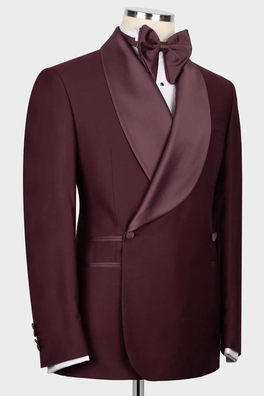 Burgundy Satin Shawl Lapel Slim Fit Prom & Wedding Suit - Image 2