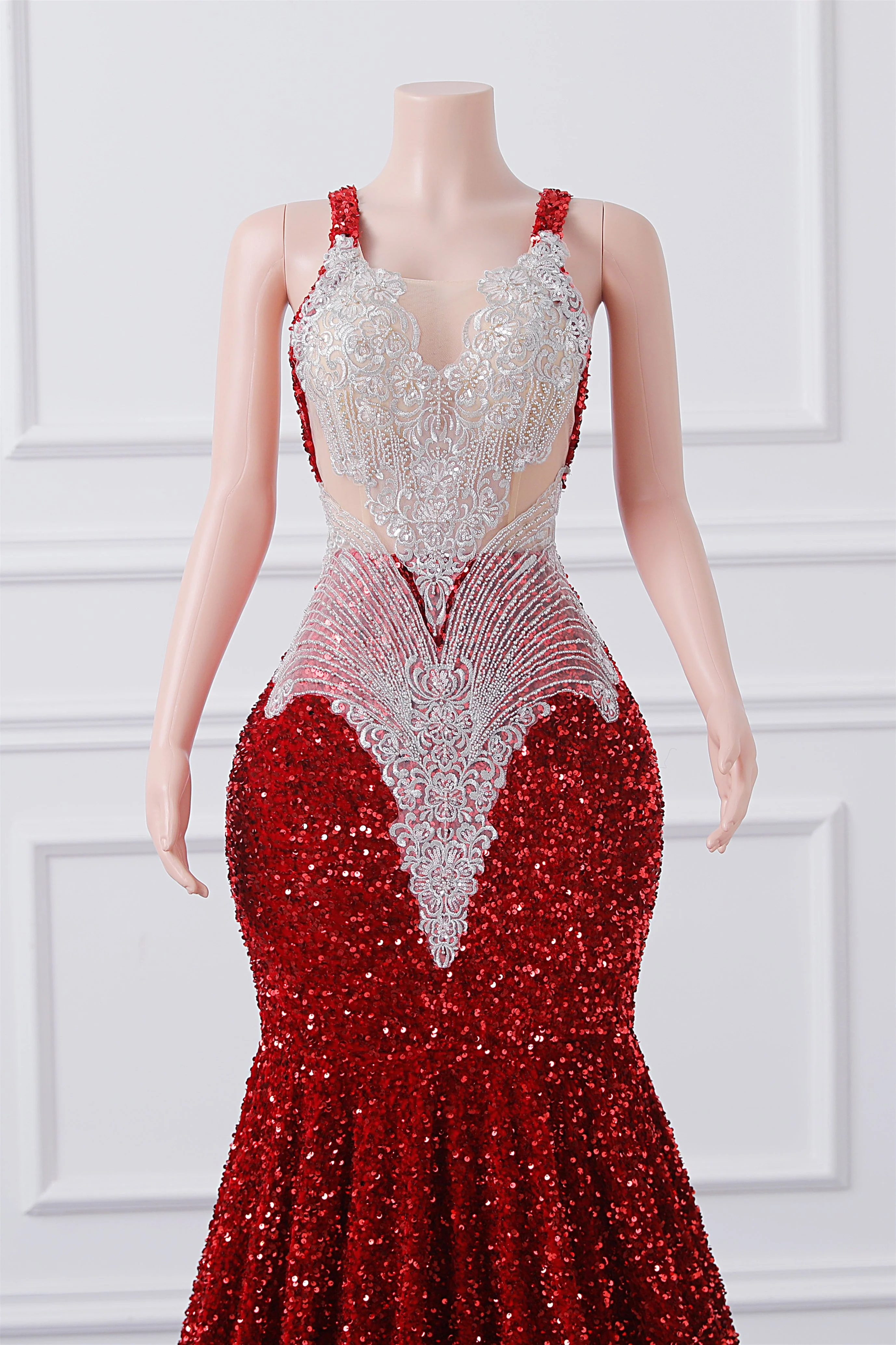 Burgundy Sequin Mermaid Silver Beaded Court Trian Prom Dresses - Image 2
