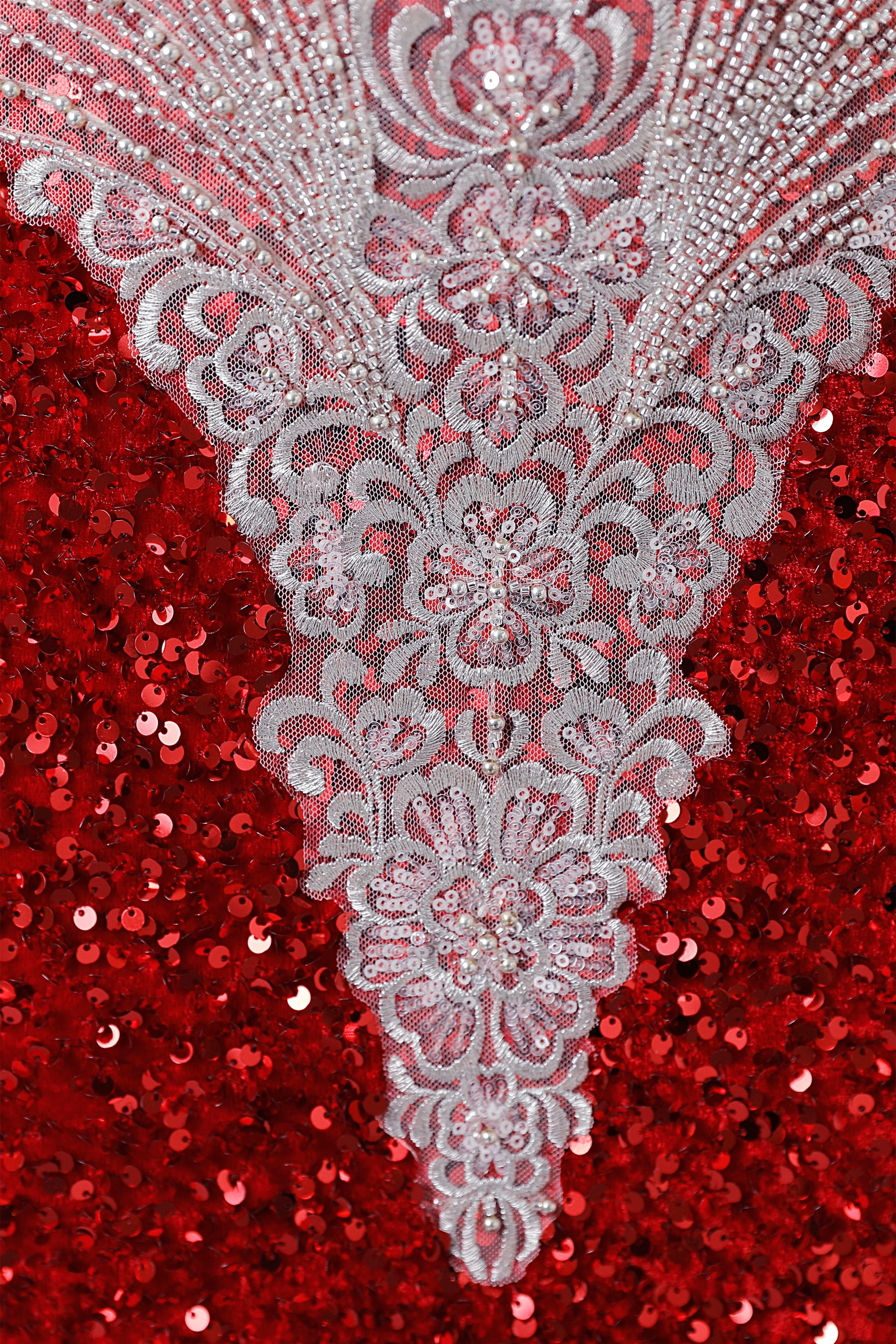 Burgundy Sequin Mermaid Silver Beaded Court Trian Prom Dresses - Image 3