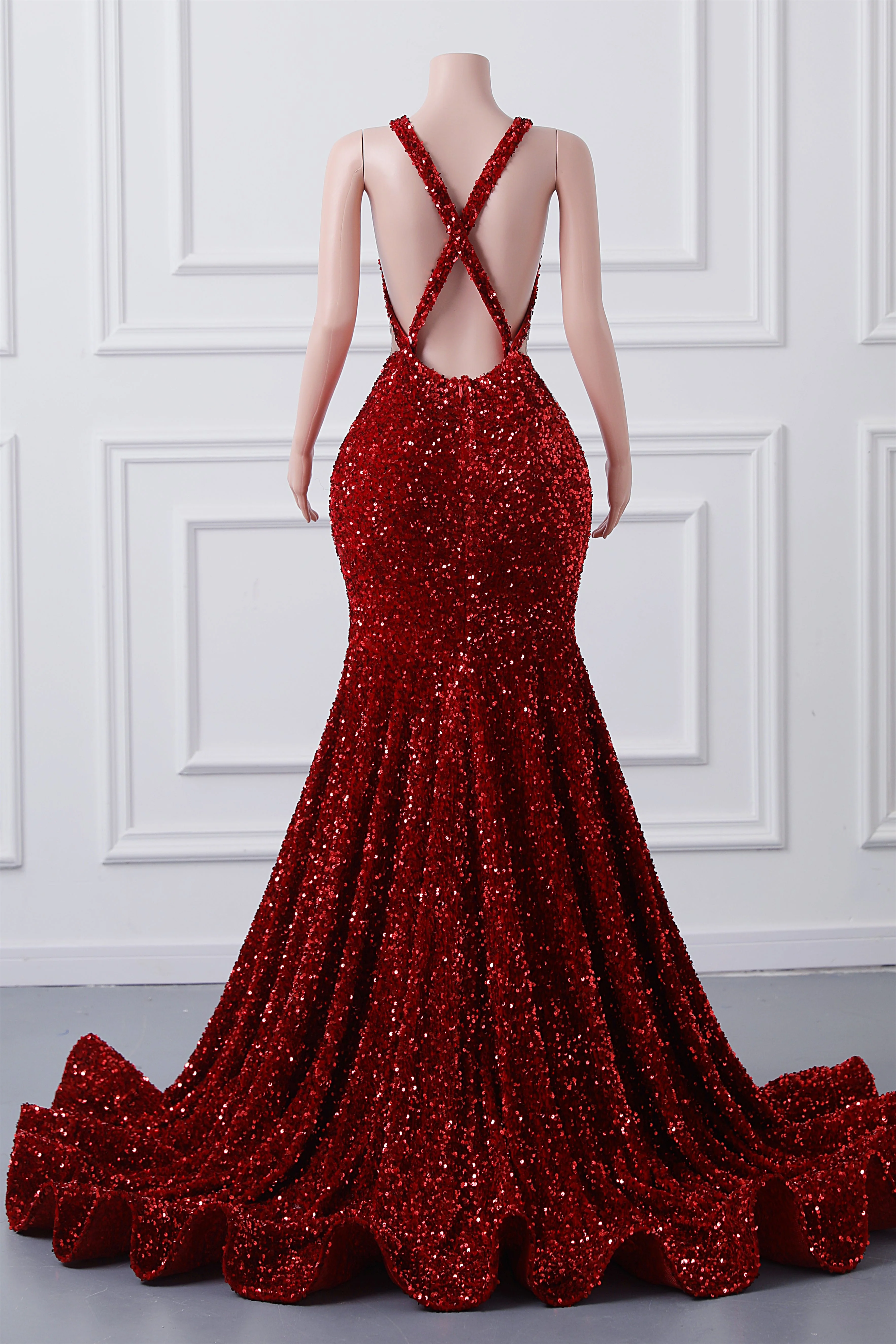 Burgundy Sequin Mermaid Silver Beaded Court Trian Prom Dresses - Image 4