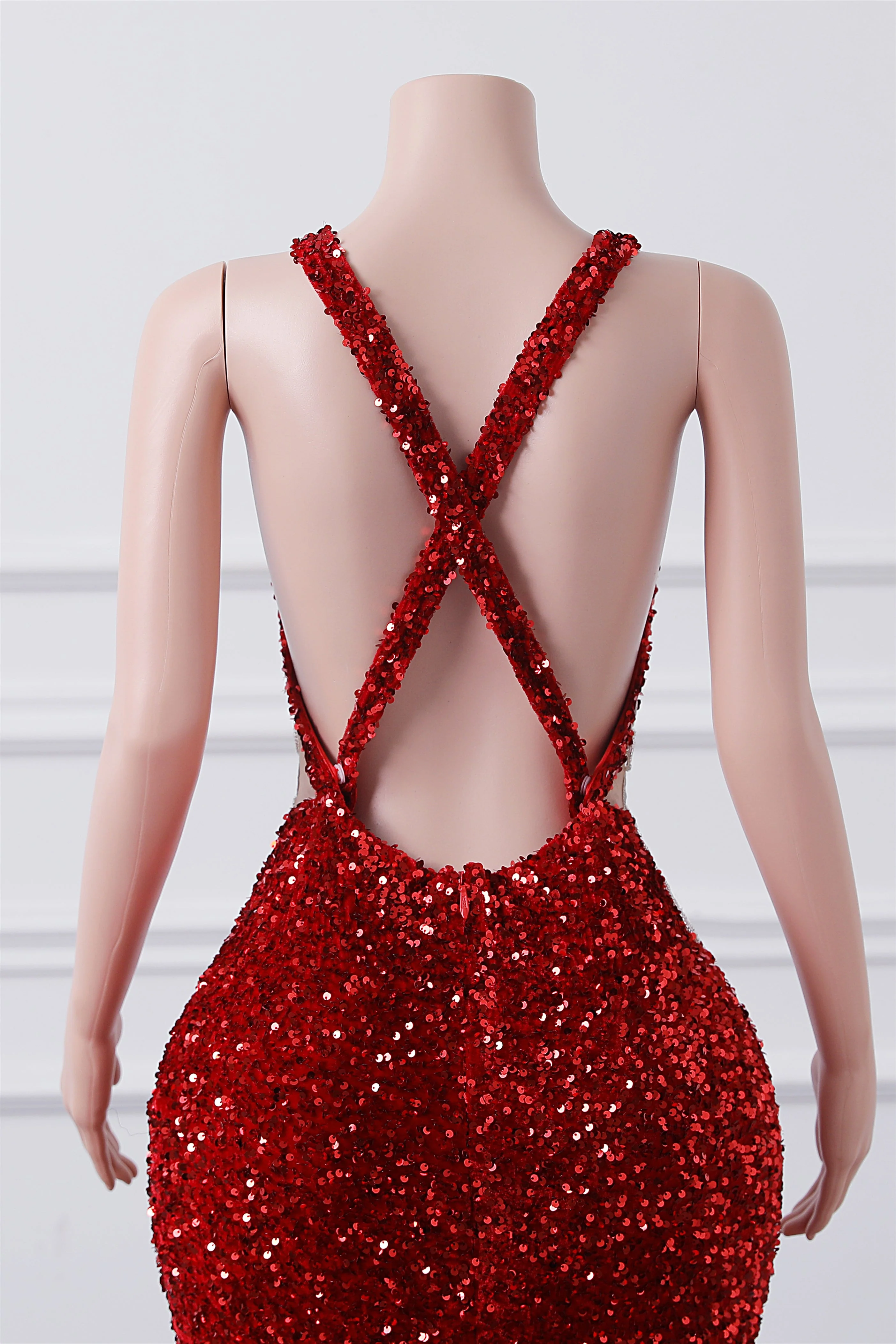 Burgundy Sequin Mermaid Silver Beaded Court Trian Prom Dresses - Image 5