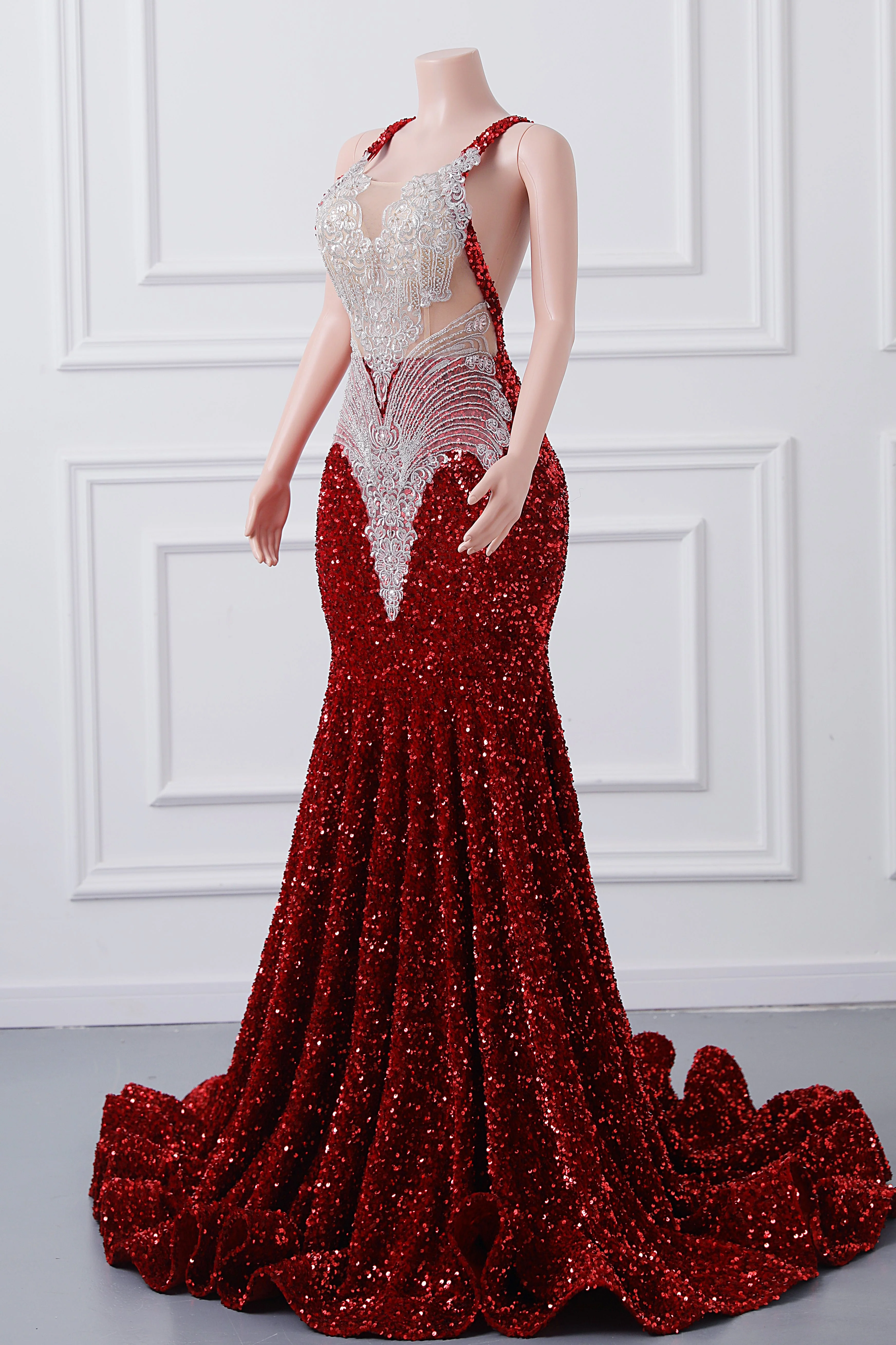 Burgundy Sequin Mermaid Silver Beaded Court Trian Prom Dresses - Image 6