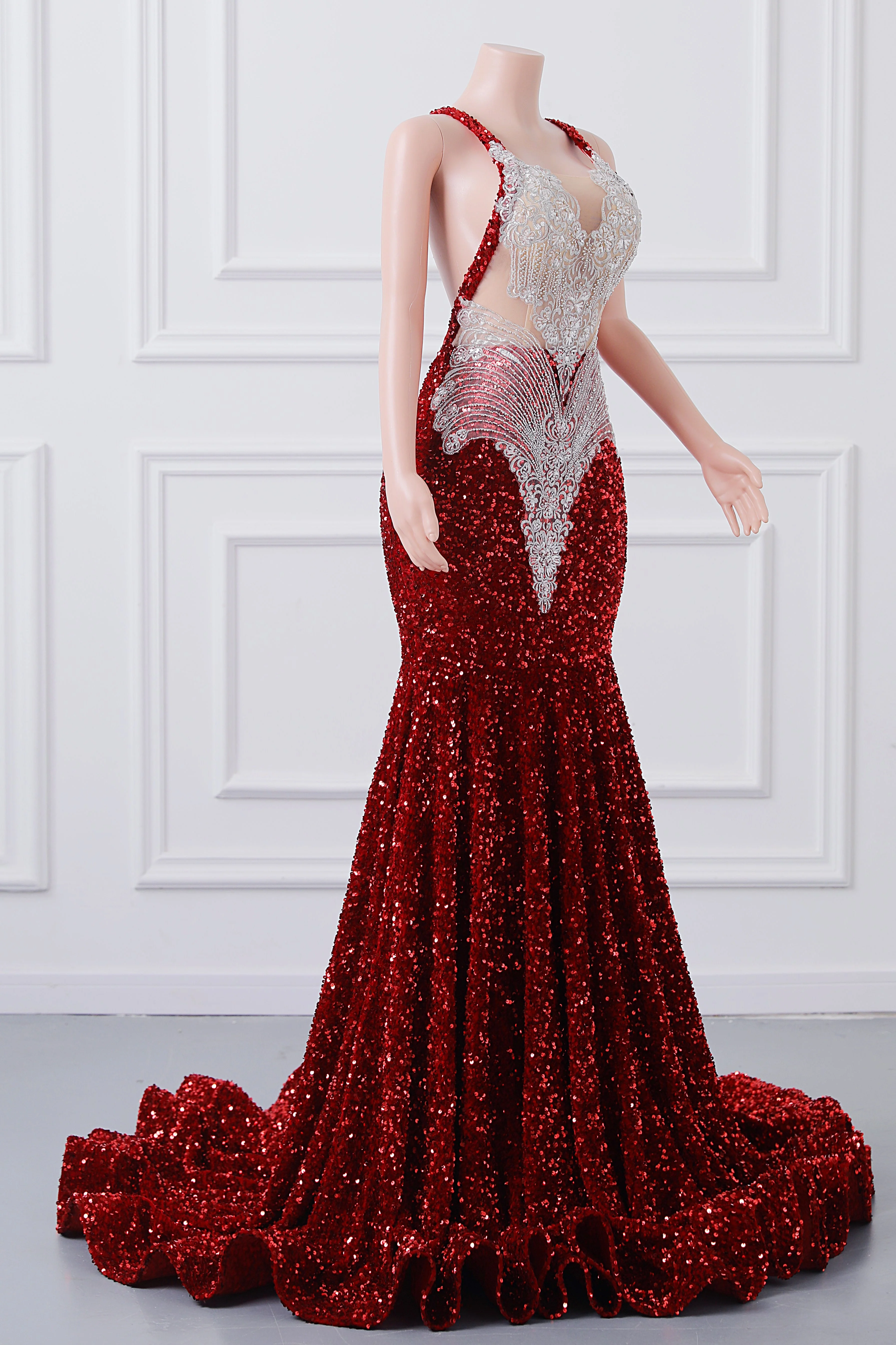 Burgundy Sequin Mermaid Silver Beaded Court Trian Prom Dresses - Image 7
