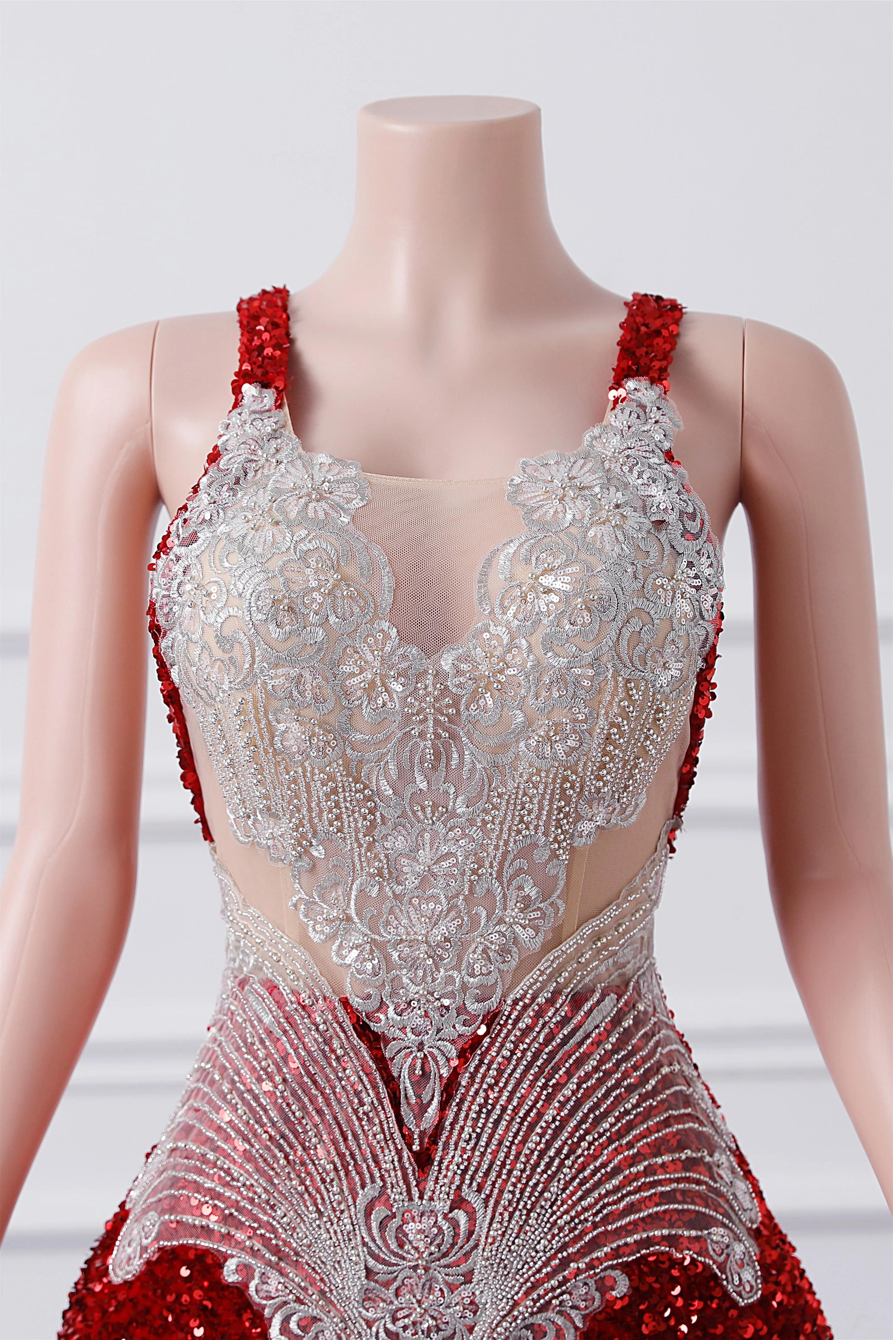 Burgundy Sequin Mermaid Silver Beaded Court Trian Prom Dresses - Image 8