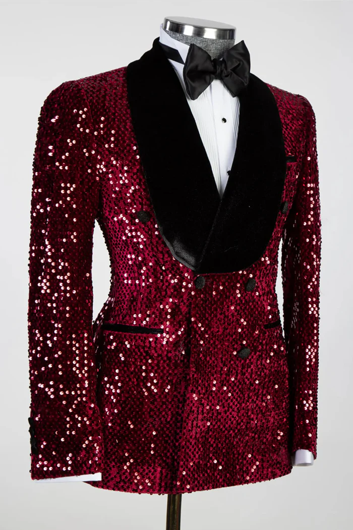 Burgundy Shawl Lapel Double-Breasted Sequin Prom Suit - Image 3