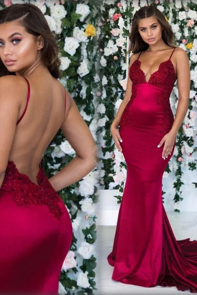 Burgundy Sleeveless Mermaid Backless Prom Dresses Spaghetti-Straps Lace Appliques Evening Gowns - Image 3