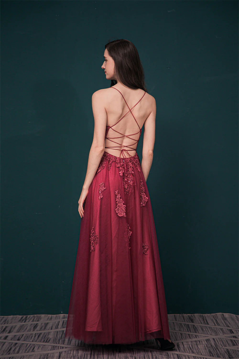Burgundy Spaghetti Strap Lace Appliques High split Prom Dress - Image 2