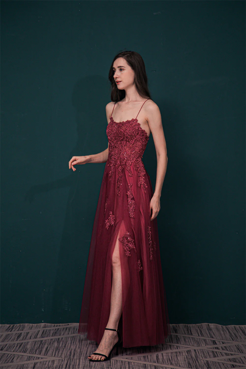 Burgundy Spaghetti Strap Lace Appliques High split Prom Dress - Image 3