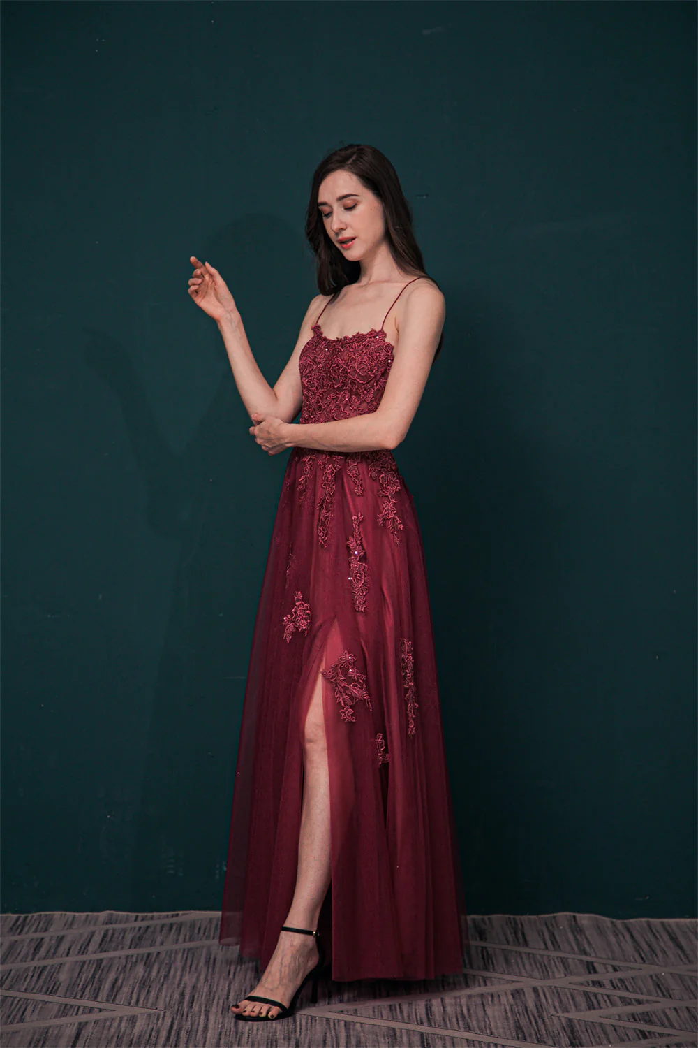 Burgundy Spaghetti Strap Lace Appliques High split Prom Dress - Image 4