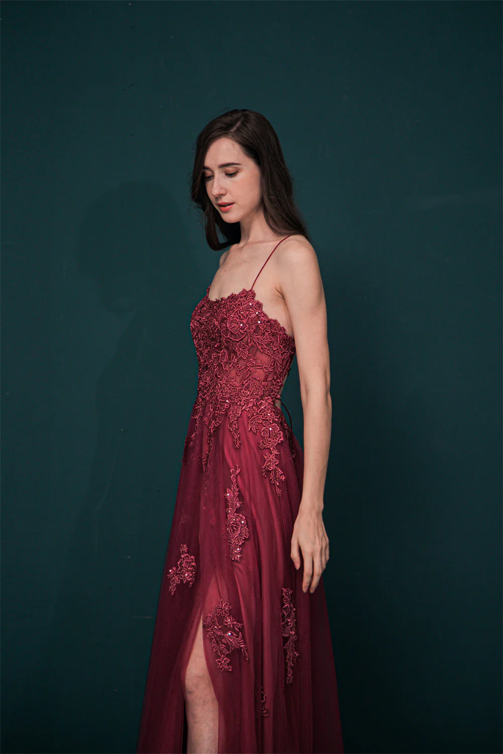 Burgundy Spaghetti Strap Lace Appliques High split Prom Dress - Image 6