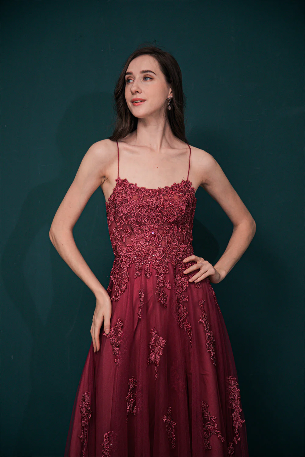 Burgundy Spaghetti Strap Lace Appliques High split Prom Dress - Image 7