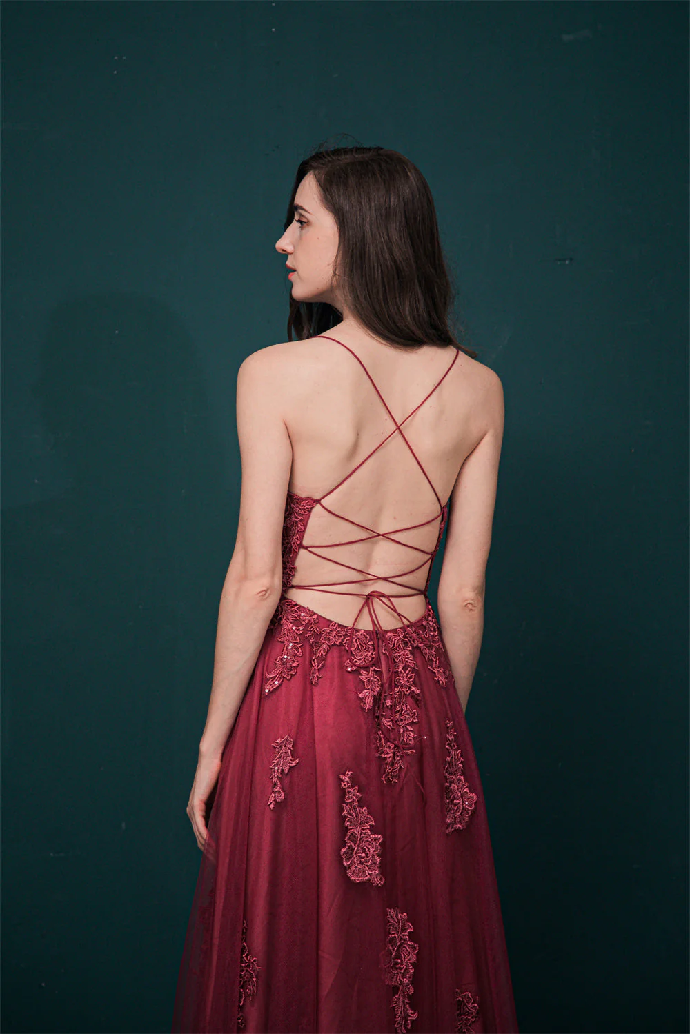 Burgundy Spaghetti Strap Lace Appliques High split Prom Dress - Image 9