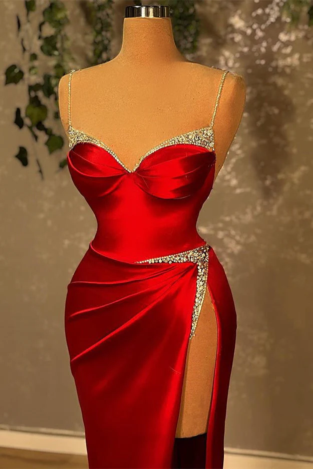 Burgundy Spaghetti-Straps Mermaid Evening Dress Sleeveless With Slit Beads - Image 2