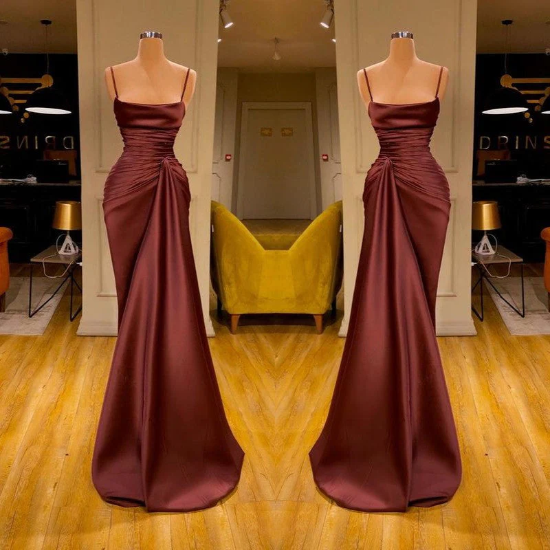 Burgundy Spaghetti-Straps Mermaid Ruffles Prom Dress Long - Image 2