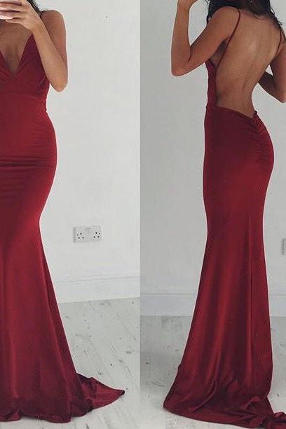 Burgundy Stretchy Spaghettis-Straps Backless Column Prom Dresses - Image 3