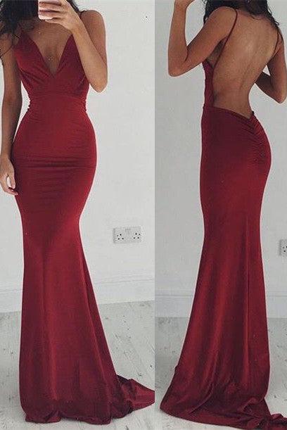 Burgundy Stretchy Spaghettis-Straps Backless Column Prom Dresses - Image 4
