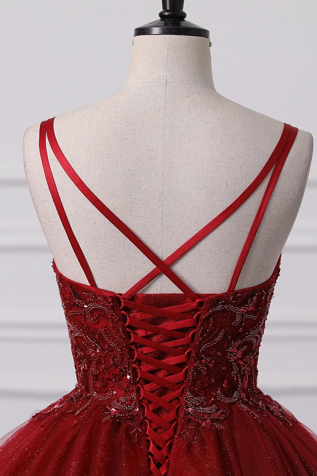 Burgundy Sweetheart Lace-up Criss Cross Straps Ball Gown Evening Dress - Image 3