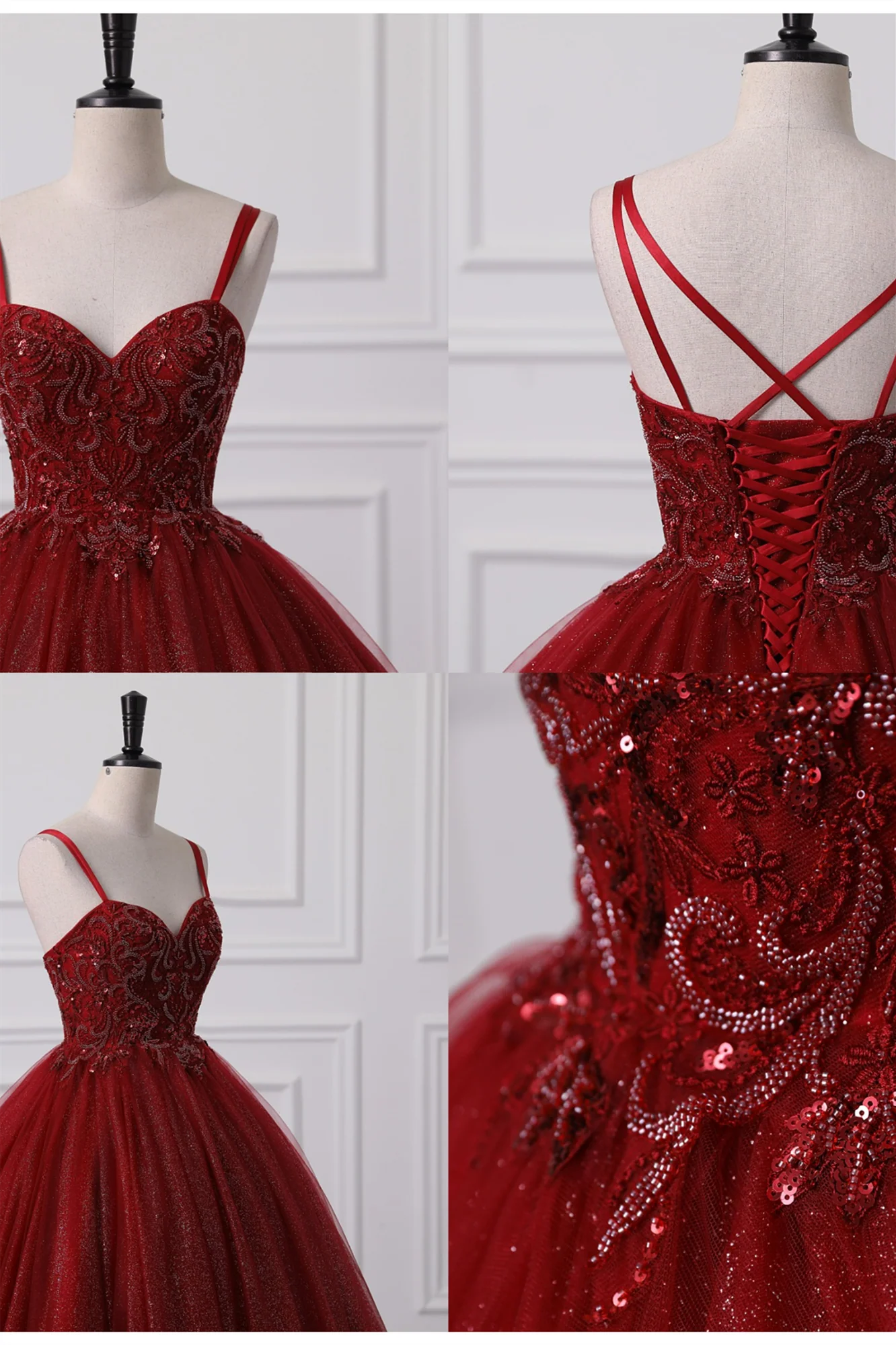 Burgundy Sweetheart Lace-up Criss Cross Straps Ball Gown Evening Dress - Image 4