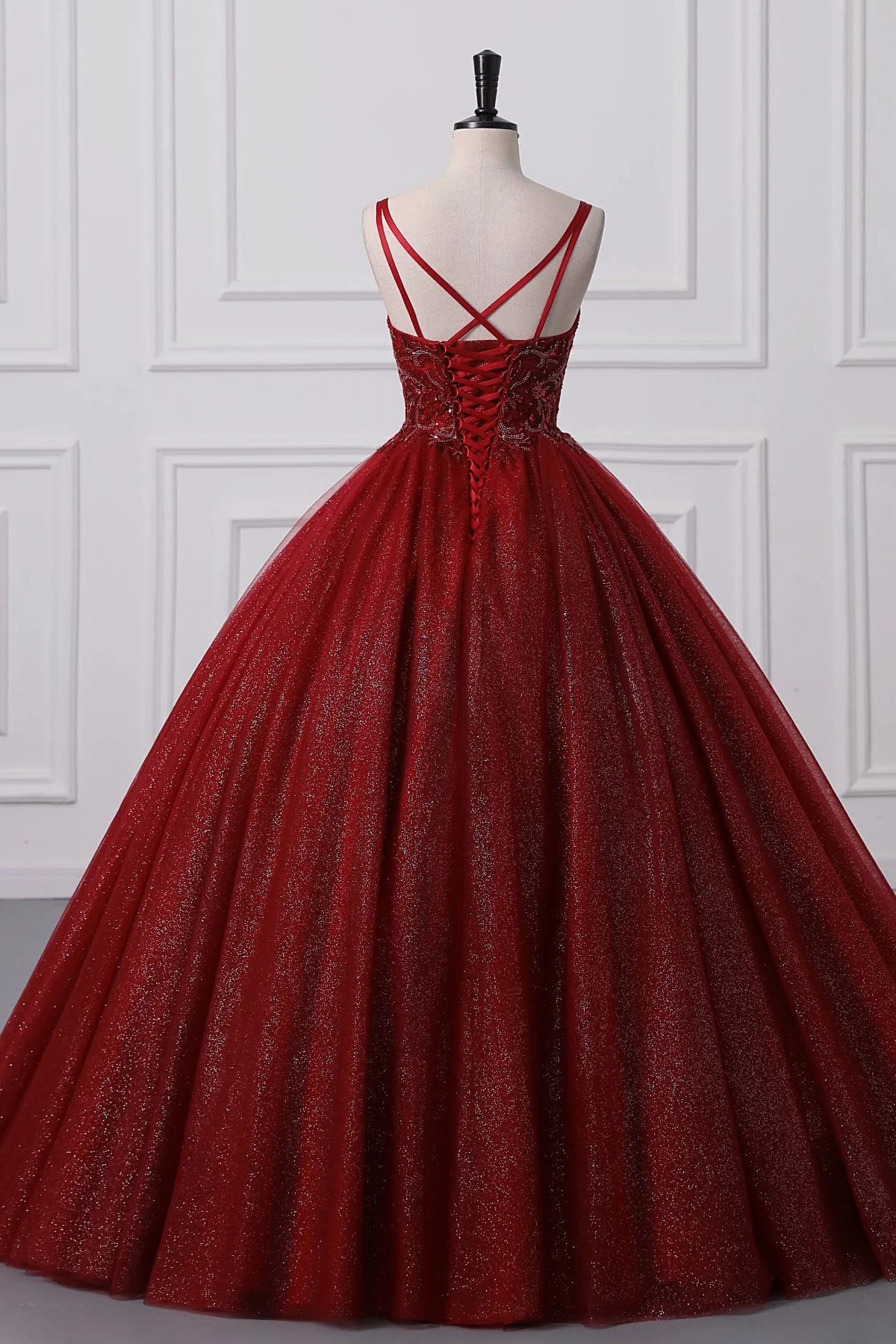 Burgundy Sweetheart Lace-up Criss Cross Straps Ball Gown Evening Dress - Image 6