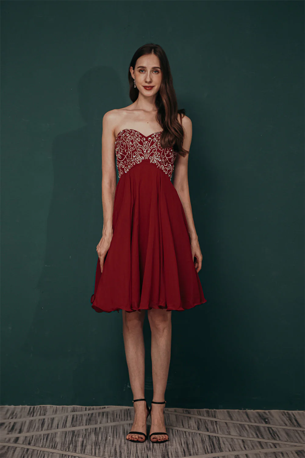 Burgundy Sweetheart Sparkle Beaded Chiffon Homecoming Dress - Image 5
