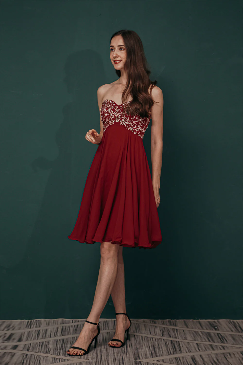 Burgundy Sweetheart Sparkle Beaded Chiffon Homecoming Dress - Image 6