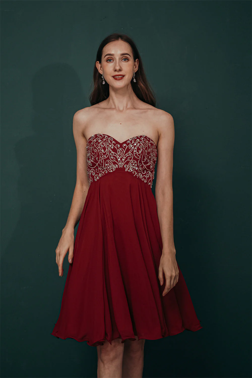 Burgundy Sweetheart Sparkle Beaded Chiffon Homecoming Dress - Image 7