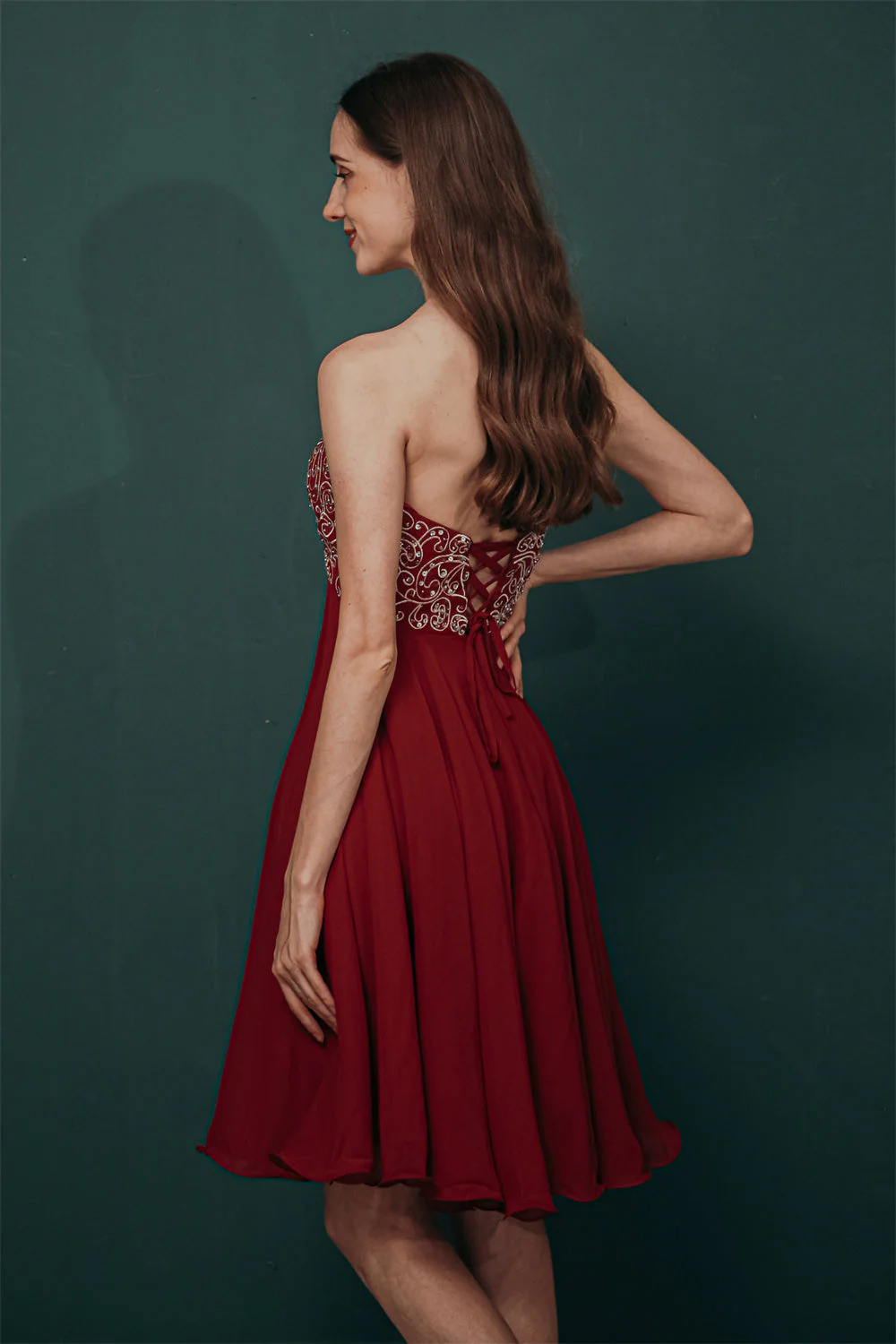 Burgundy Sweetheart Sparkle Beaded Chiffon Homecoming Dress - Image 8