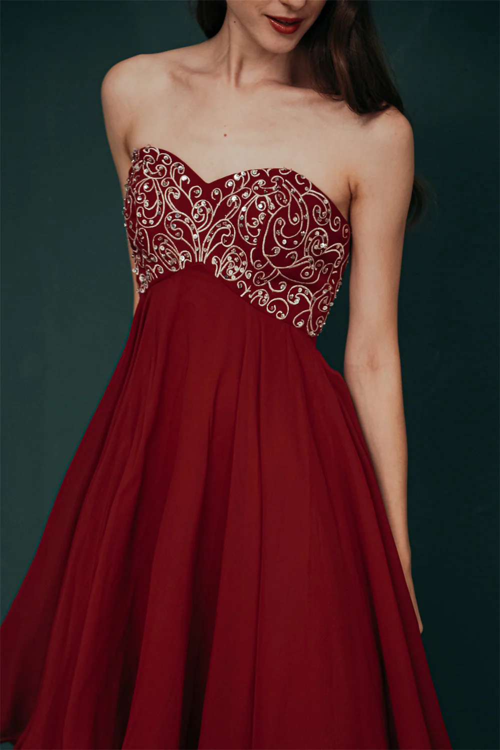 Burgundy Sweetheart Sparkle Beaded Chiffon Homecoming Dress - Image 9