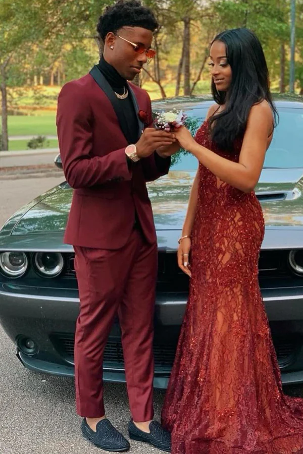 Burgundy Two-Button Prom Suit with Navy Shawl Lapel - Image 2