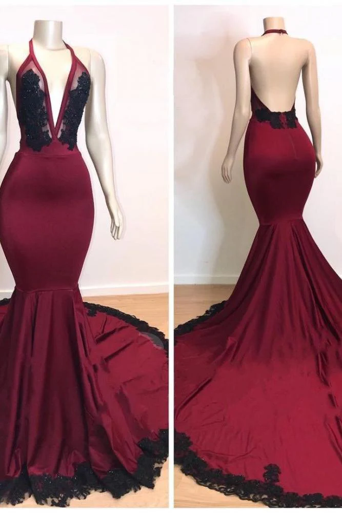 Burgundy V-neck Halter Appliques Long Mermaid Evening Dresses - Image 2