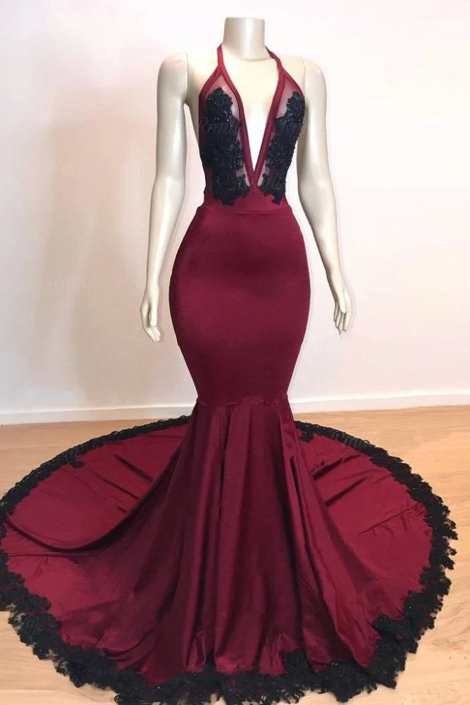Burgundy V-neck Halter Appliques Long Mermaid Evening Dresses - Image 3
