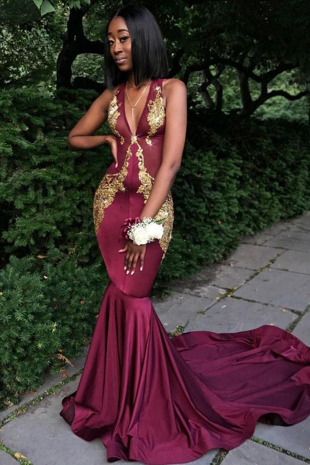 Burgundy V-Neck Prom Dress, Mermaid Evening Dress - Image 2