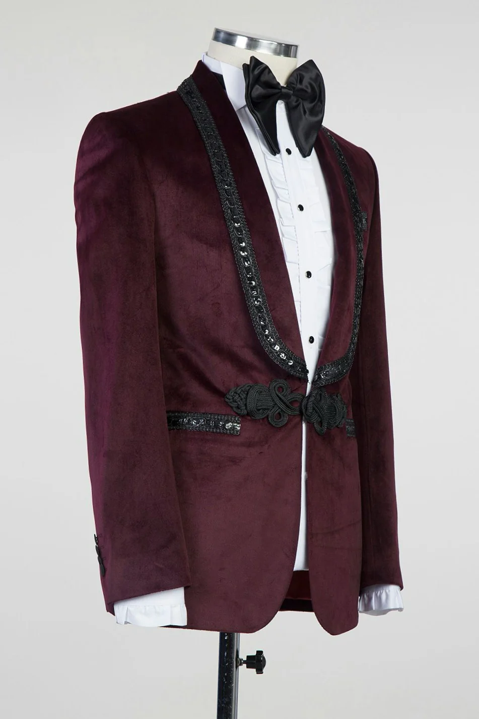 Burgundy Velvet Knitted Button Prom Suit with Black Chains - Image 3