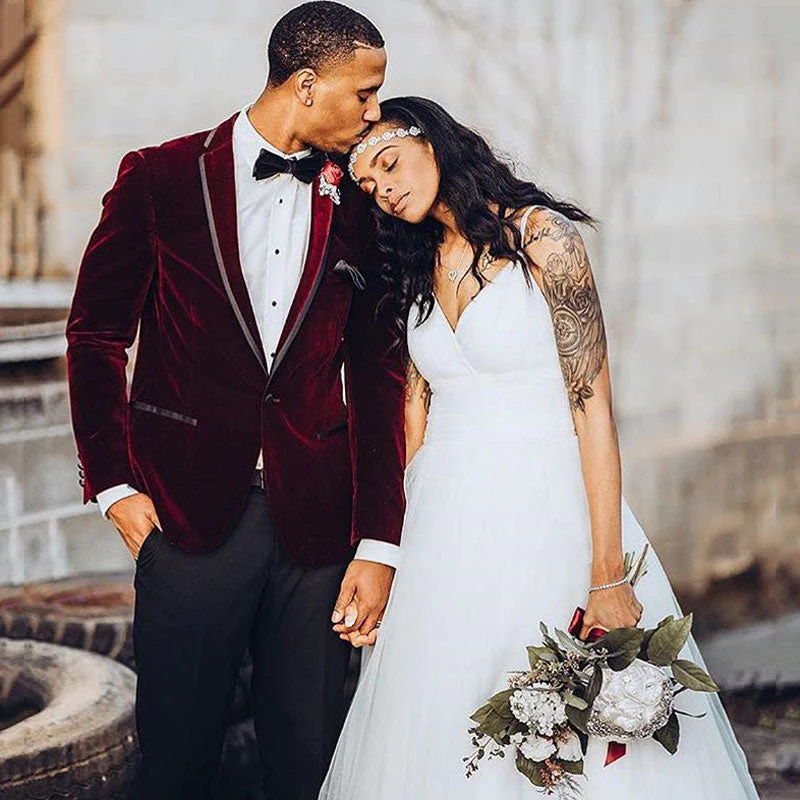 Burgundy Velvet One Button Wedding Groom Suit for Men - Image 2
