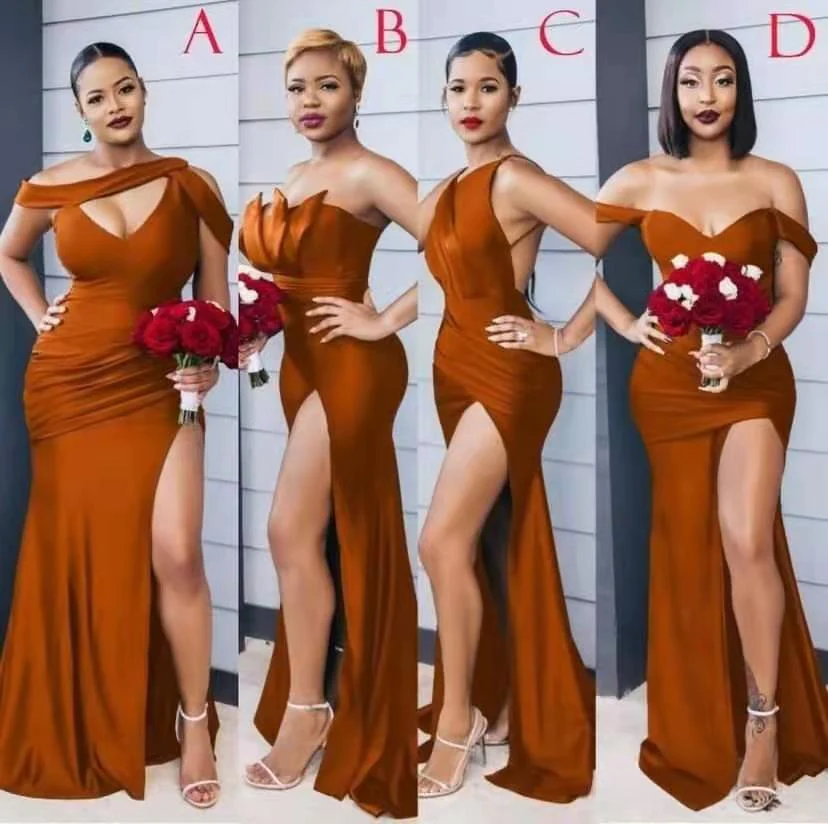 Burnt Orange Mermaid Bridesmaid Dress With Slit - Image 2