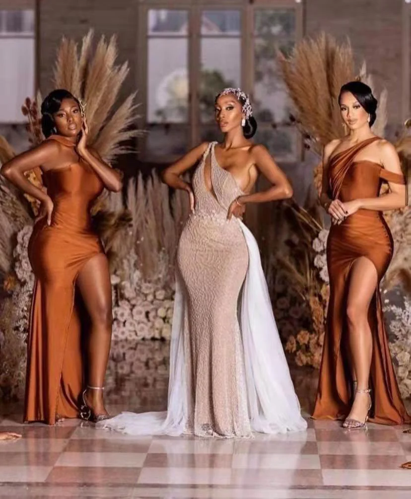 Burnt Orange Mermaid Bridesmaid Dress With Slit - Image 3