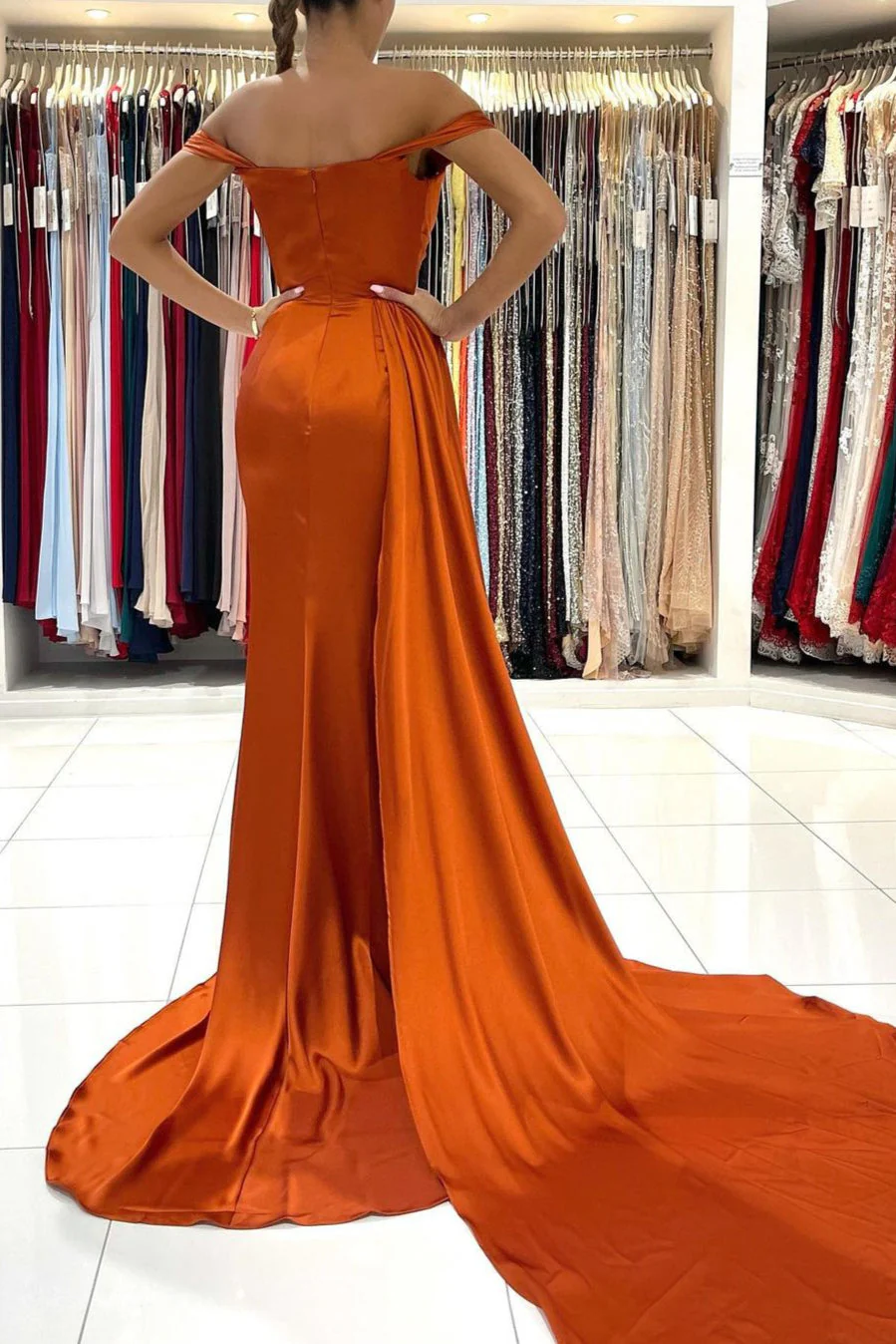 Burnt Orange Off-the-Shoulder Mermaid Prom Dress Long With Split - Image 2