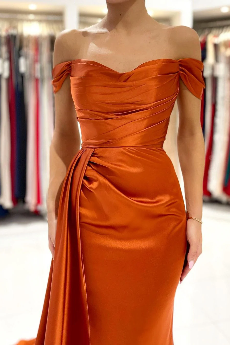 Burnt Orange Off-the-Shoulder Mermaid Prom Dress Long With Split - Image 4