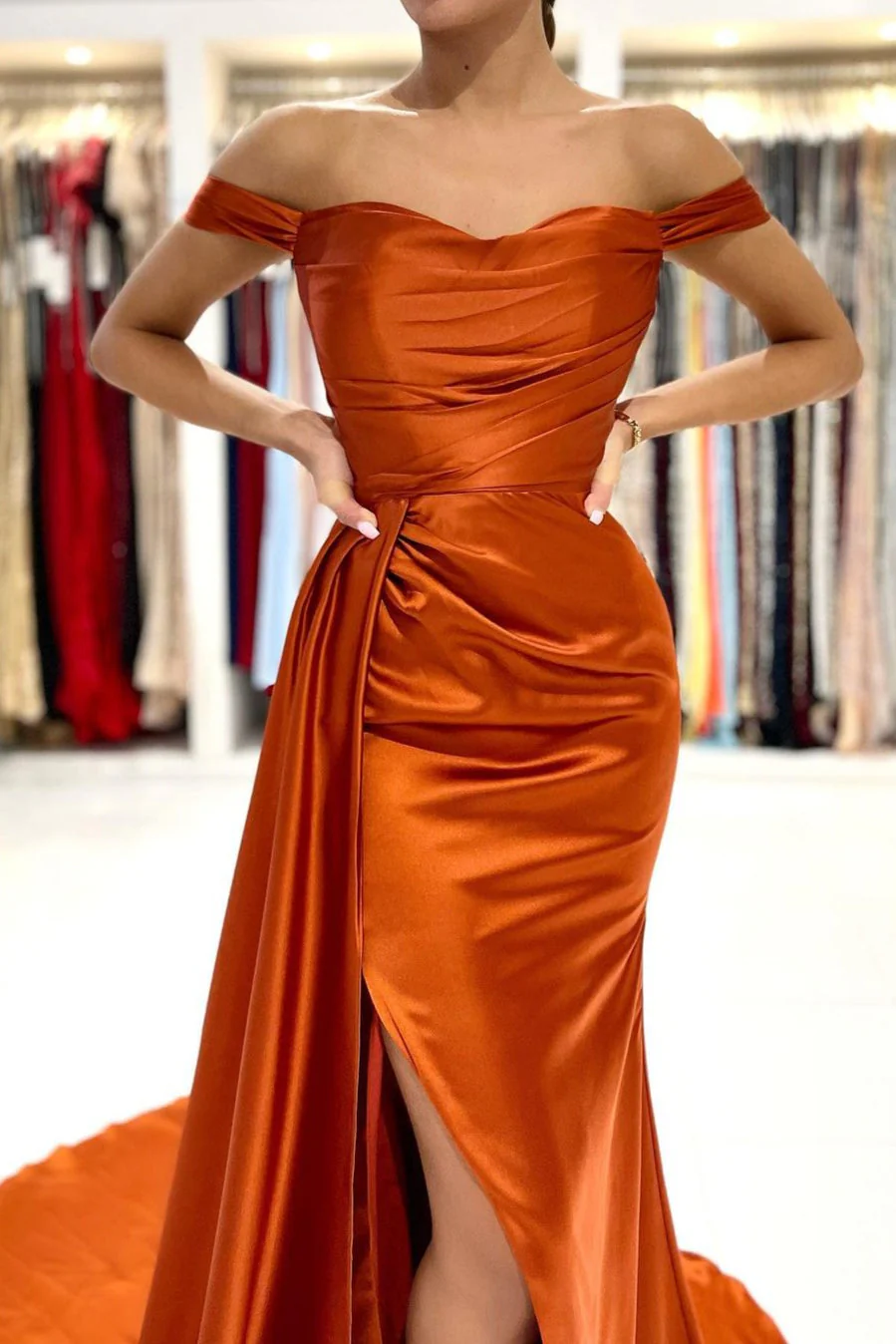 Burnt Orange Off-the-Shoulder Mermaid Prom Dress Long With Split - Image 5