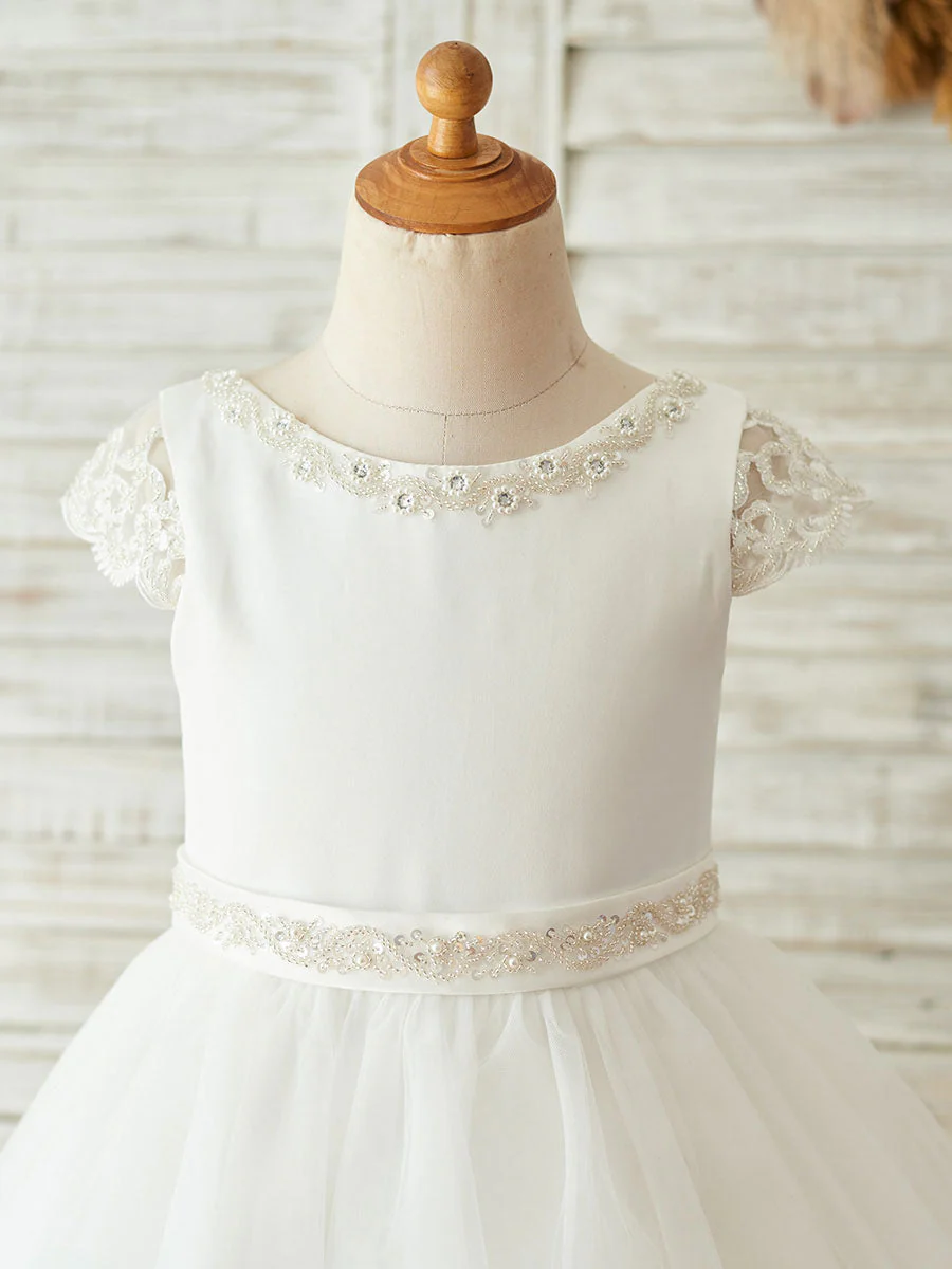 Buttons Short Sleeves Jewel Neck Ecru White Kids Party Dresses - Image 3