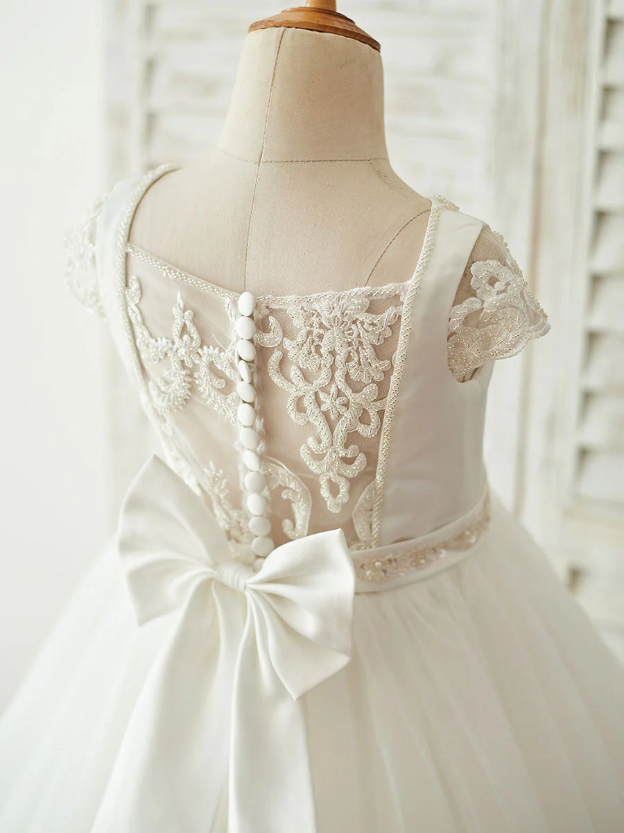 Buttons Short Sleeves Jewel Neck Ecru White Kids Party Dresses - Image 4