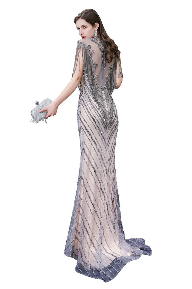 Cap sleeves High neck Sparkle Beads Long Prom Dresses On Sale - Image 11