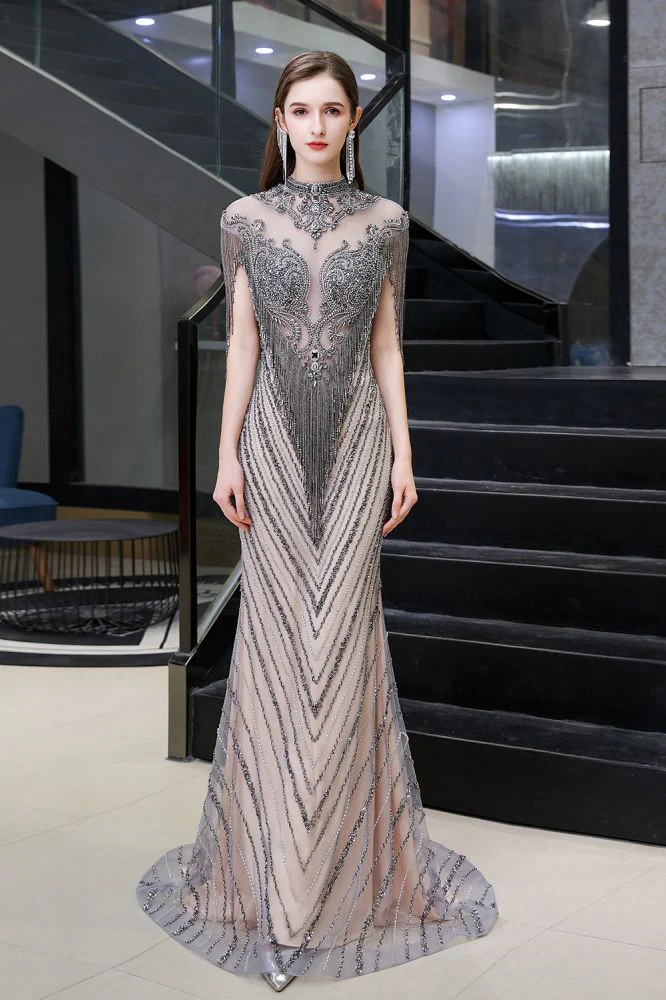 Cap sleeves High neck Sparkle Beads Long Prom Dresses On Sale - Image 3