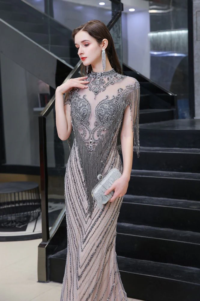 Cap sleeves High neck Sparkle Beads Long Prom Dresses On Sale - Image 4