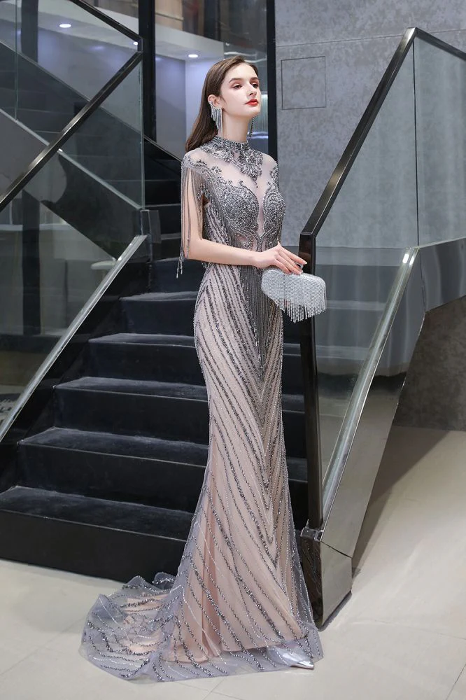 Cap sleeves High neck Sparkle Beads Long Prom Dresses On Sale - Image 5